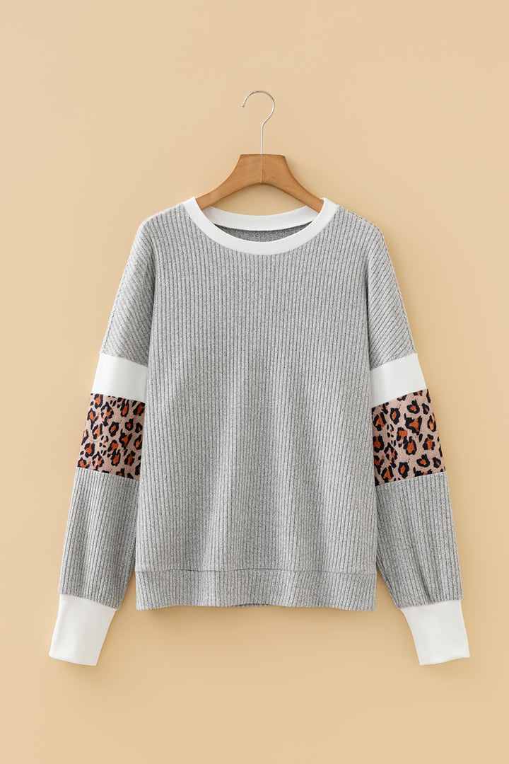 Gray Leopard Print Colorblock Patchwork Ribbed Knit Top