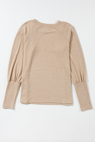 Pale Khaki Solid Ruched Raglan Sleeve Knit Top