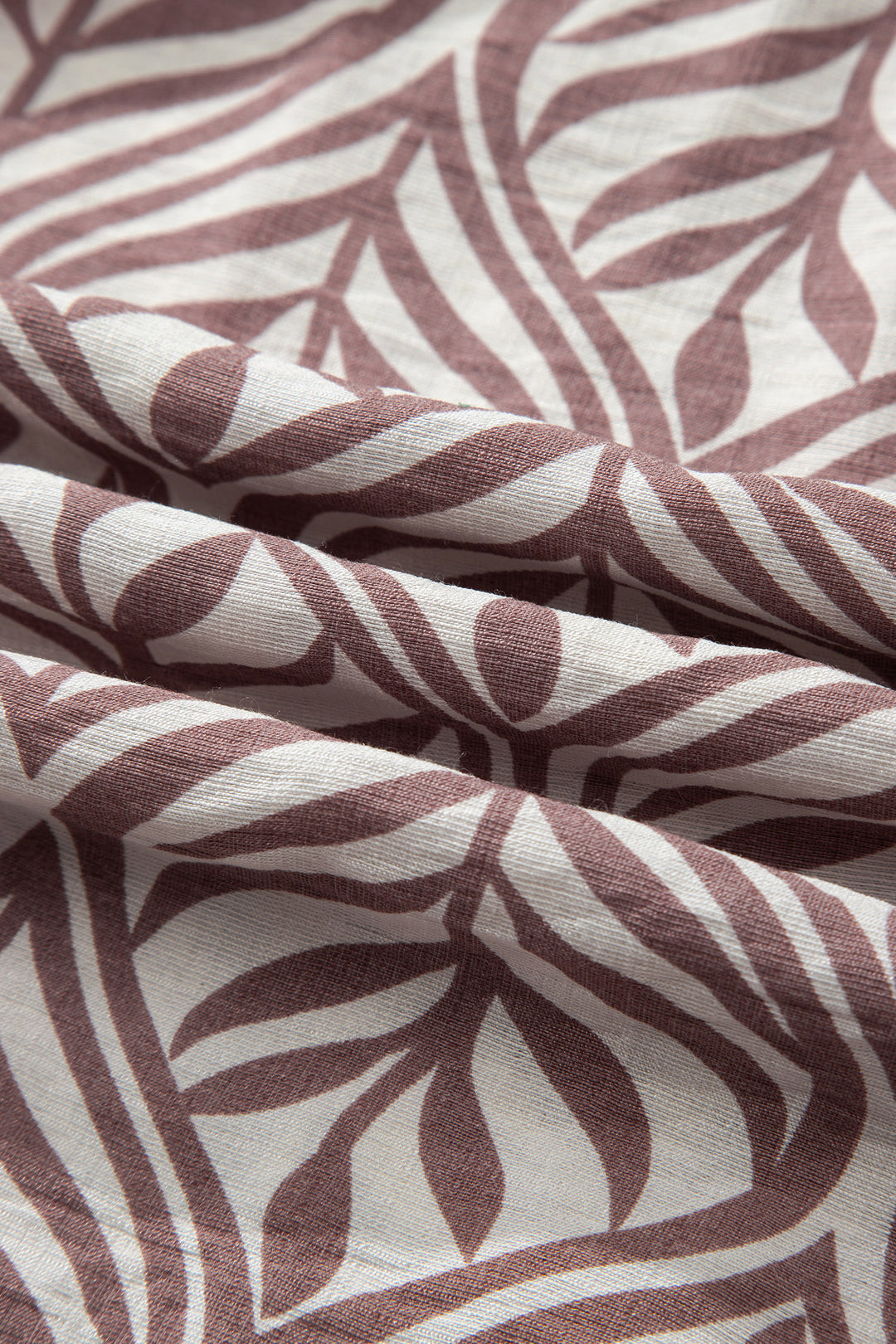 Brown Leaf Print Standing Collar Puff Sleeve Top