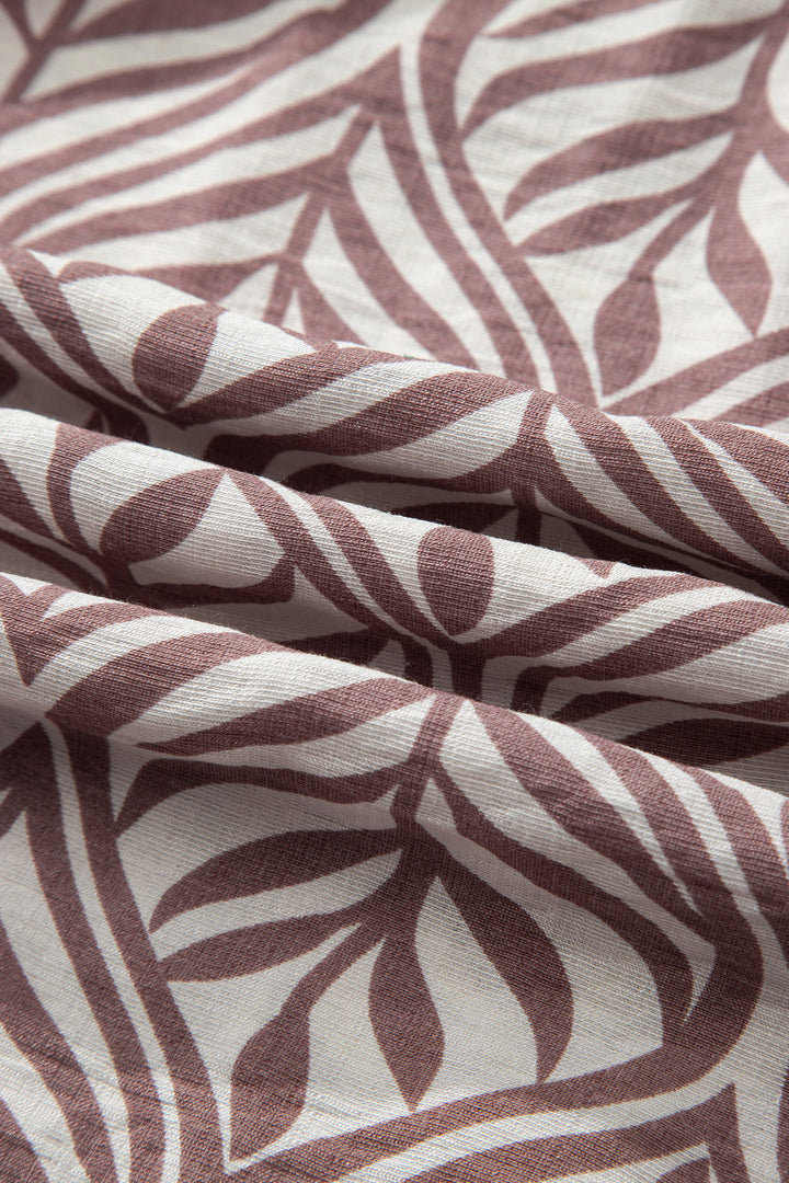 Brown Leaf Print Standing Collar Puff Sleeve Top