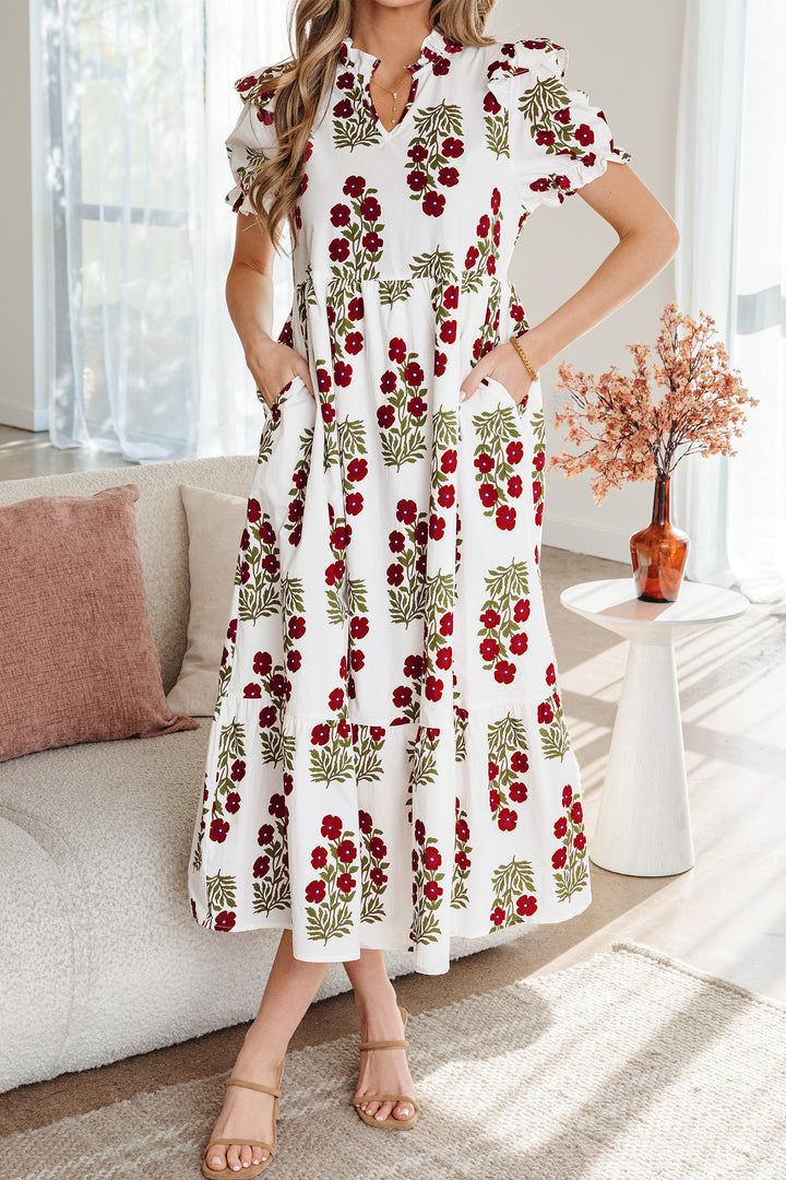 Beige Floral Short Bubble Sleeve Tiered Maxi Dress