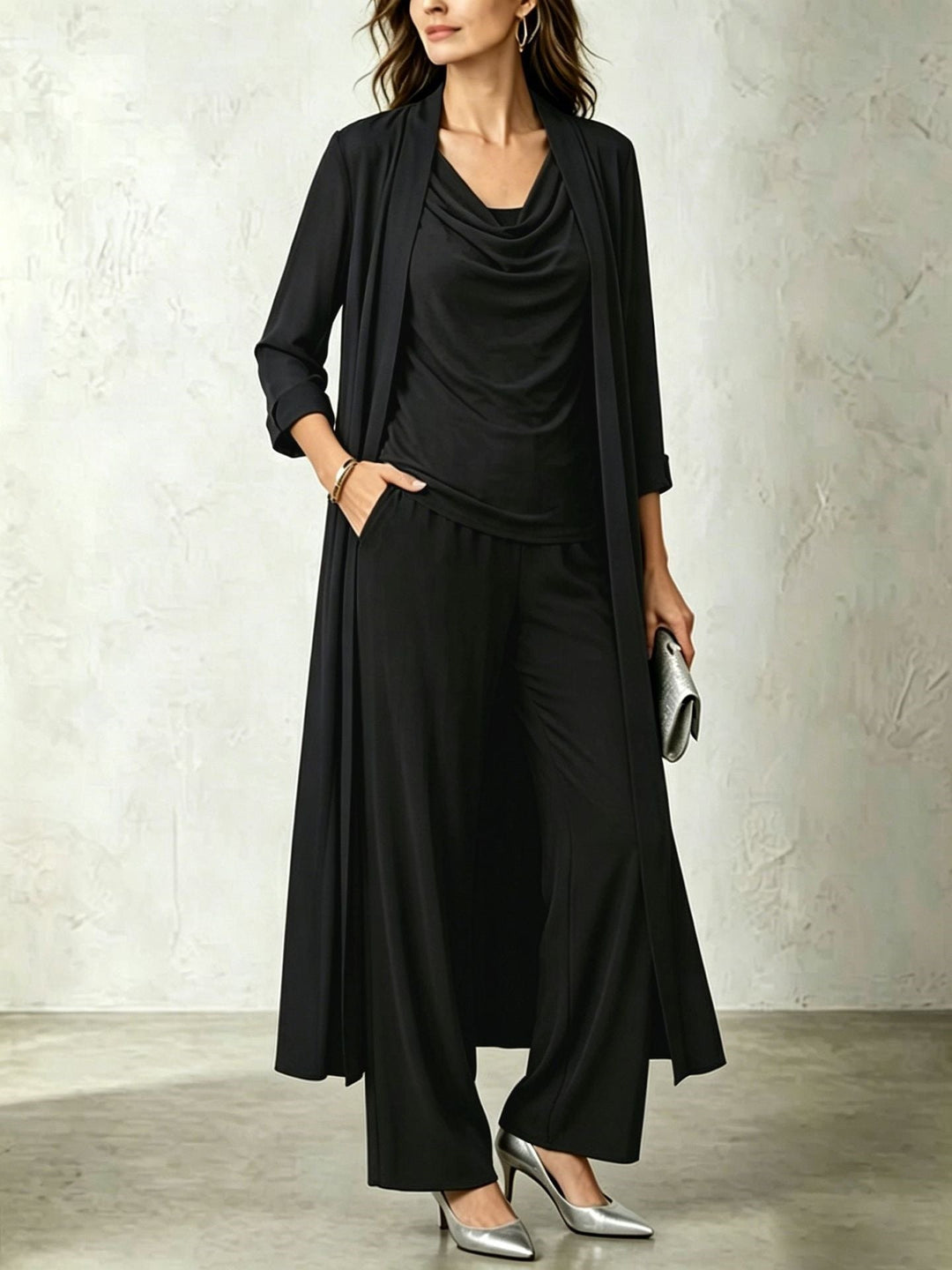 Long Sleeve Swing Collar Cardigan &amp; Wide-Leg Pants Three-Piece Set