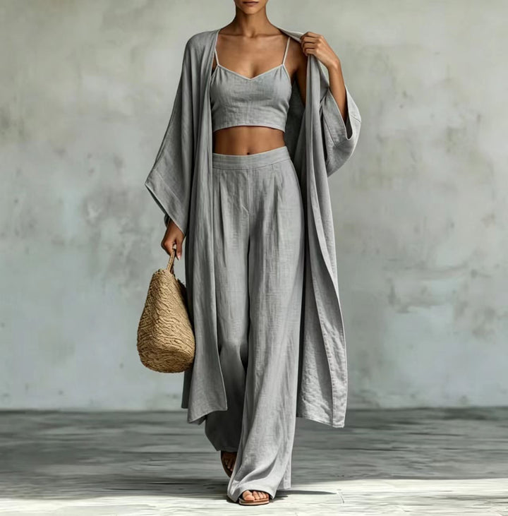 Loose Cardigan &amp; Strap Top High Waist Wide Leg Pants Set – 3-Piece