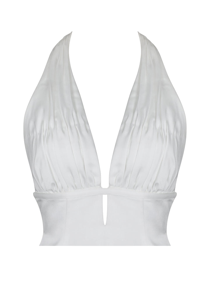 Solene Pleated Halter Backless Feather-Trim Maxi Dress