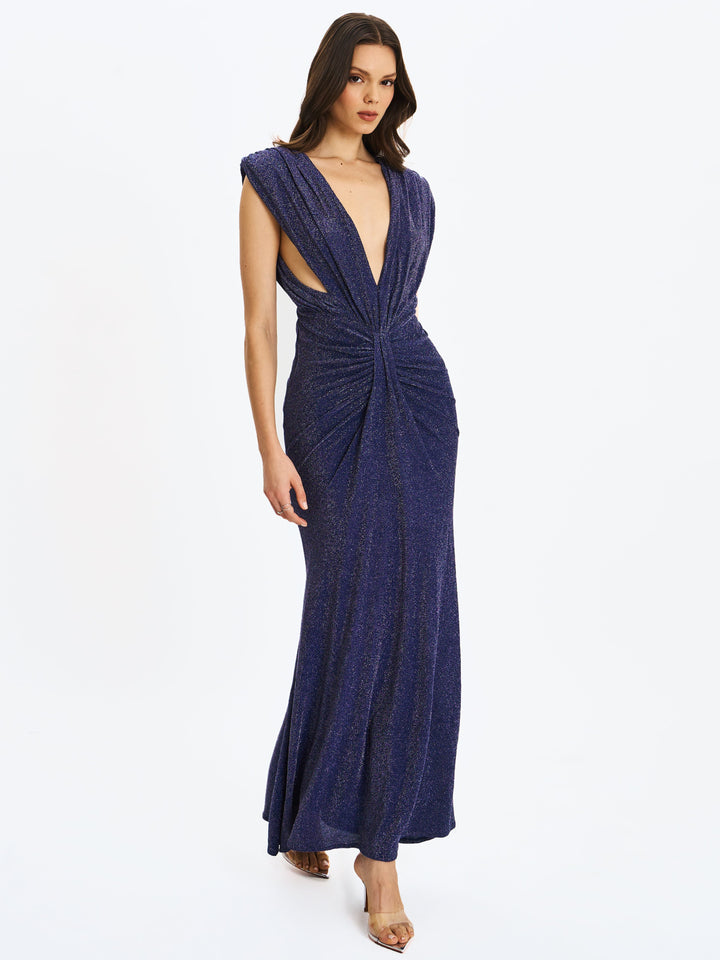 Terri Navy Sparkle Plunging Backless Maxi Dress