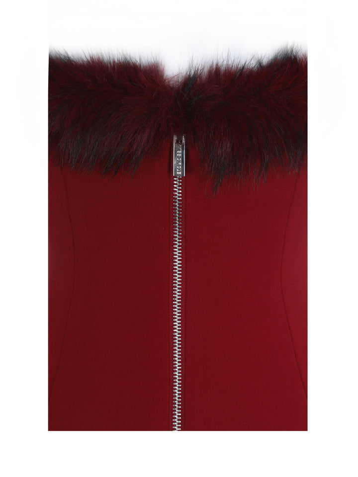 Ivette Crimson Fur-Trimmed Peplum Top