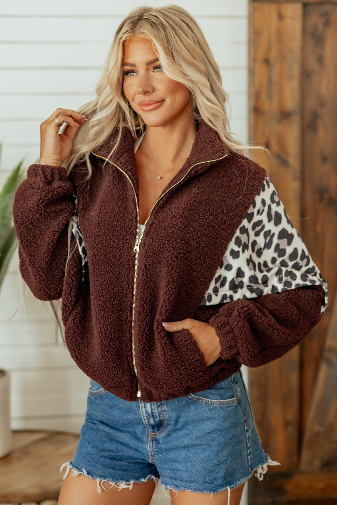 Coffee Leopard Patchwork Fleece Western Style Zip-up Collar Jacket