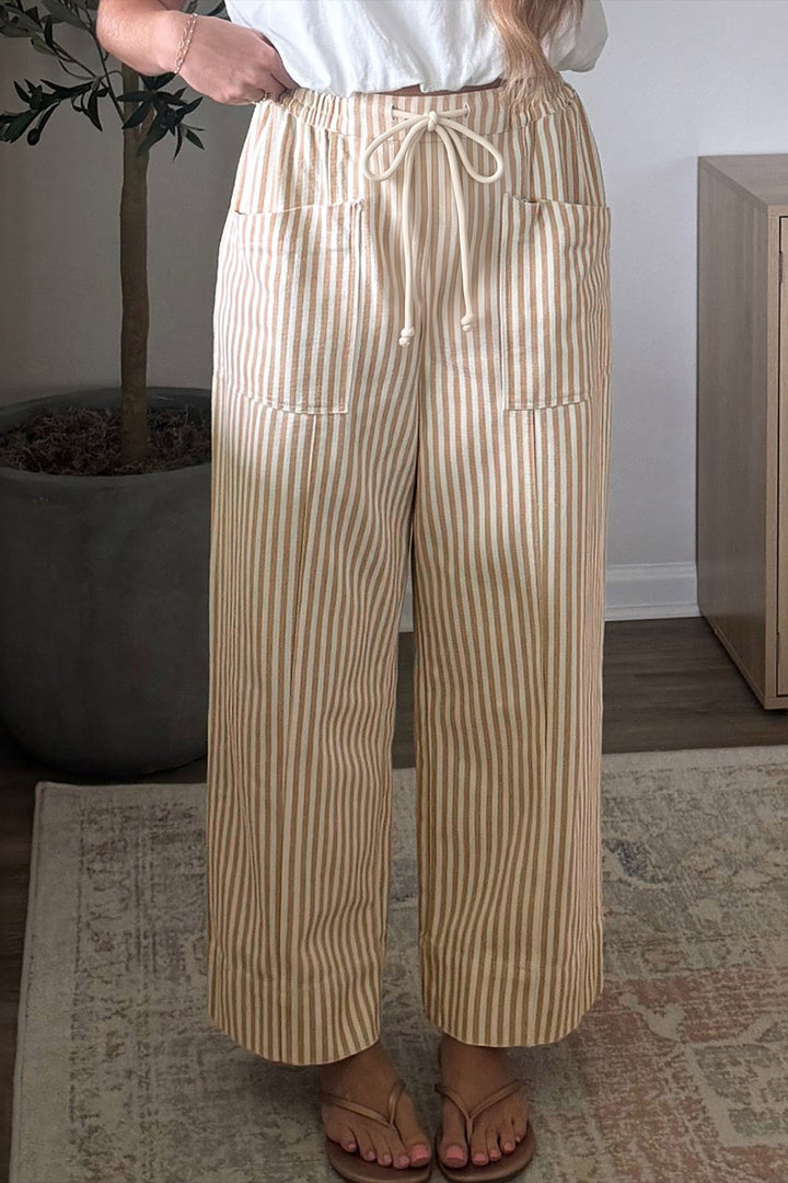 Apricot Stripe Ribbon Drawstring Waist Full-Length Shift Pant