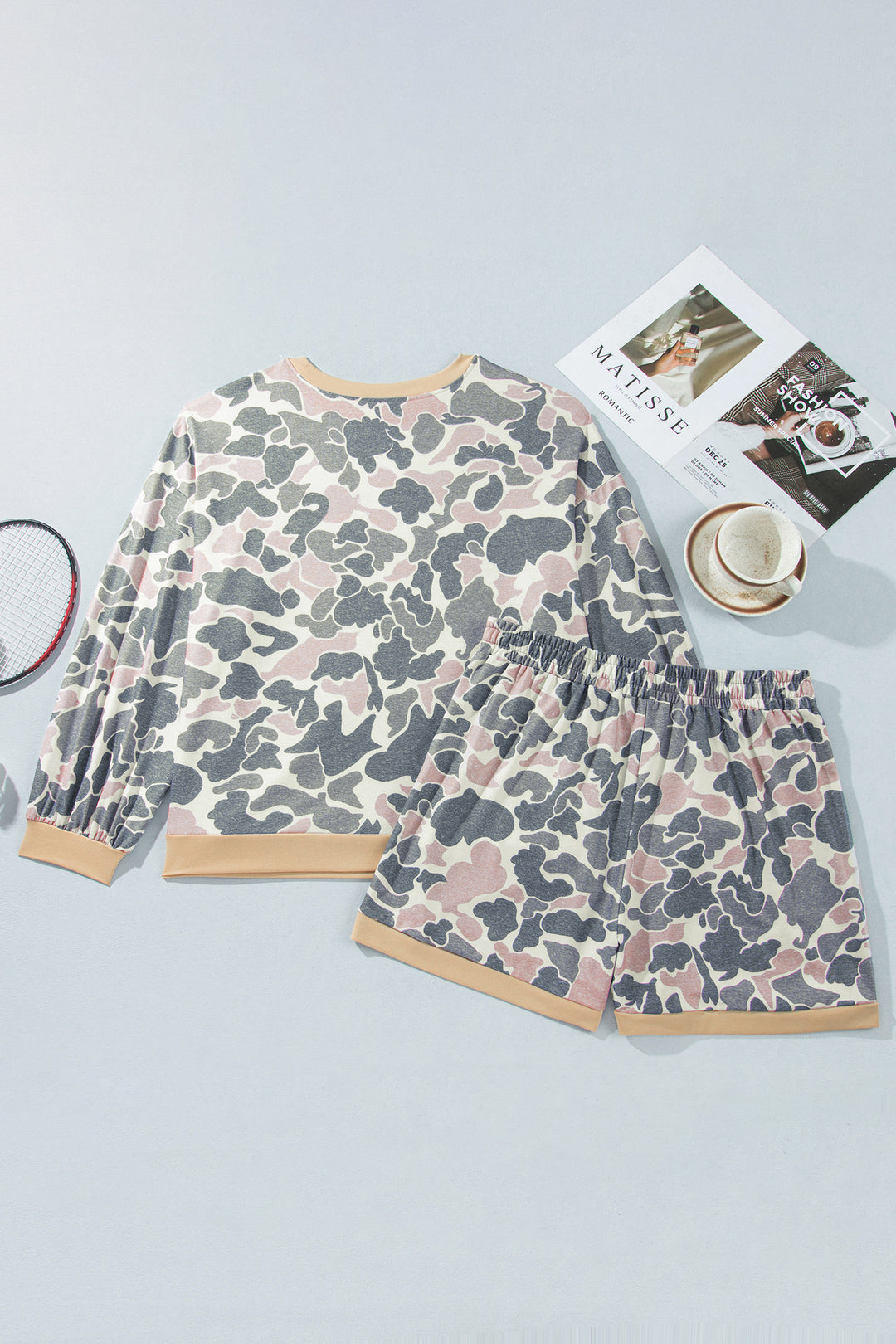 Multicolour Camouflage Print Round Neck Drop Shoulder Pullover Plus Size Shorts Set