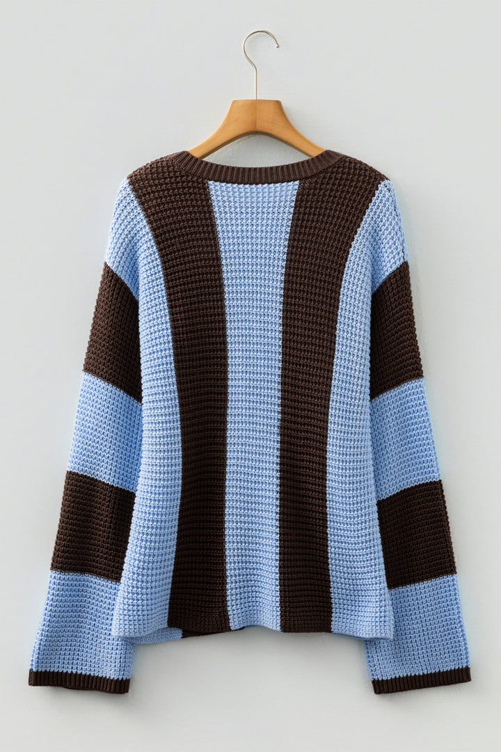 Myosotis Striped Color Block Thermal Textured Knit Drop Shoulder Sweater