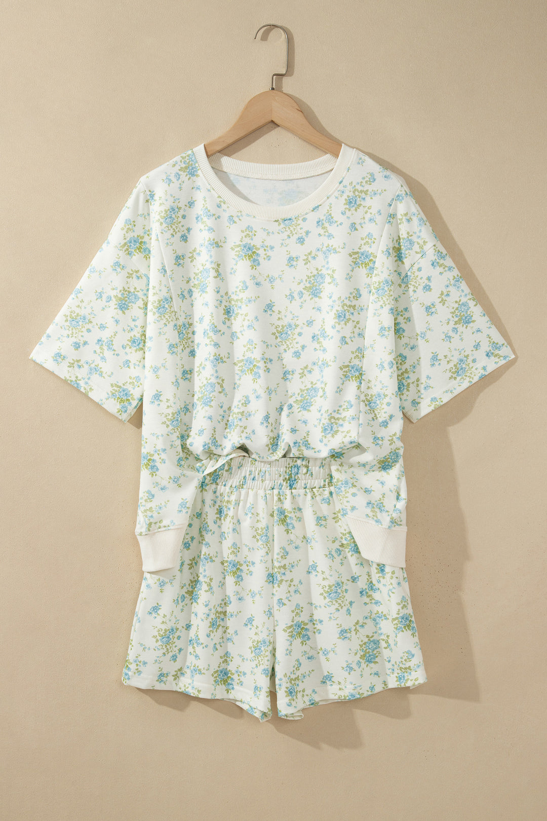 Sky Blue Floral Print Short Sleeve Elastic Waist Pocket Casual Two Piece Short Sets