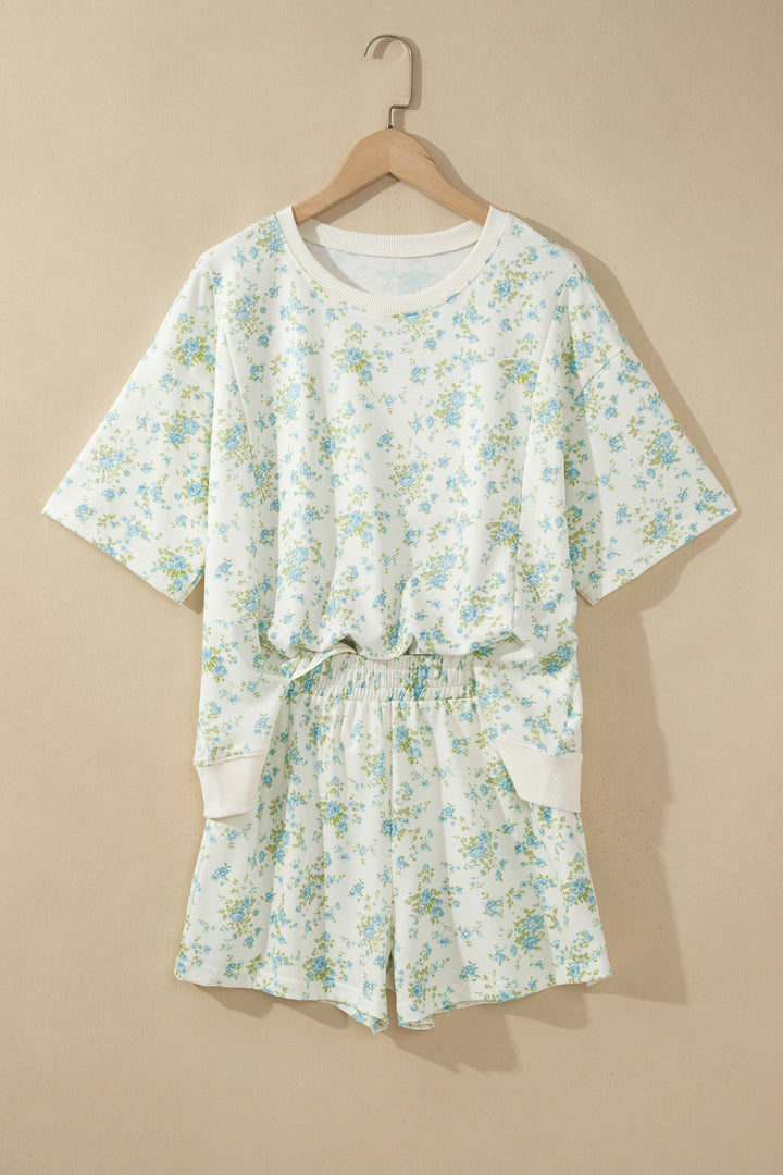 Sky Blue Floral Print Short Sleeve Elastic Waist Pocket Casual Two Piece Short Sets