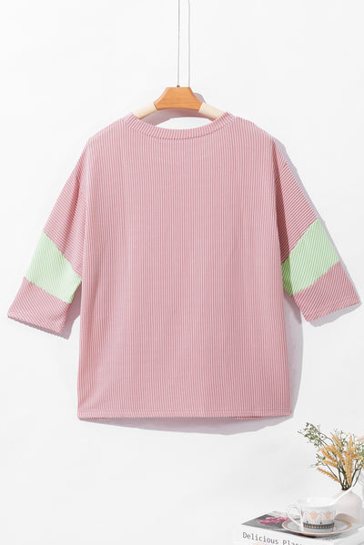 Light Pink Color Block Ribbed Knit Quarter Sleeve Top