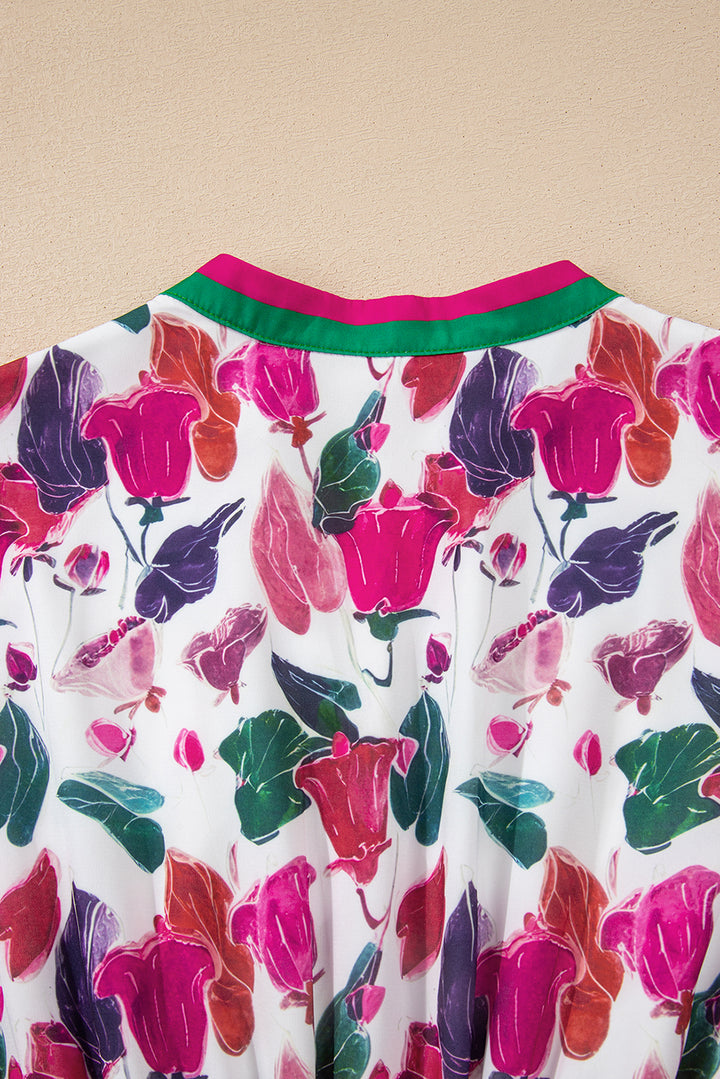 Purple Floral Print Contrast Striped Detail Long Sleeve Mini Dress