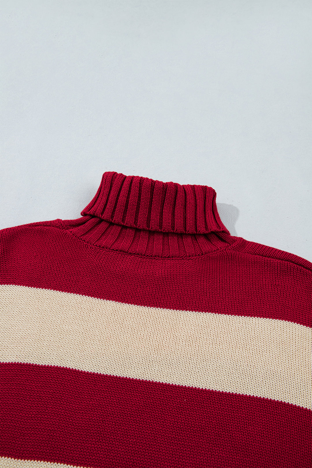 Red Stripe Ribbed Trim High Neck Relaxed Pullover Sweater