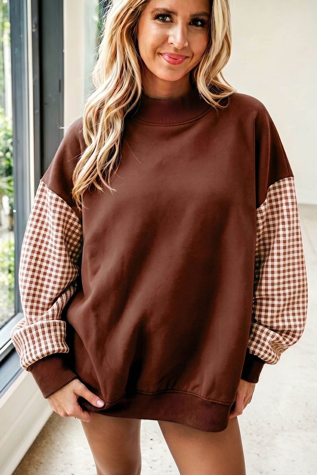 Evergreen Plaid Sleeve Colorblock Loose Tunic Sweatshirt