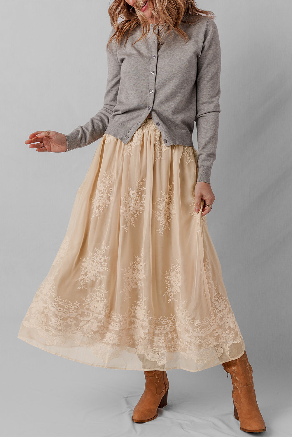 Vivienne Embroidered Mesh Overlay Long Skirt