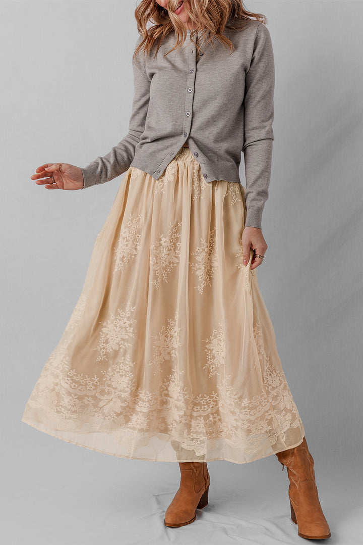 Vivienne Embroidered Mesh Overlay Long Skirt