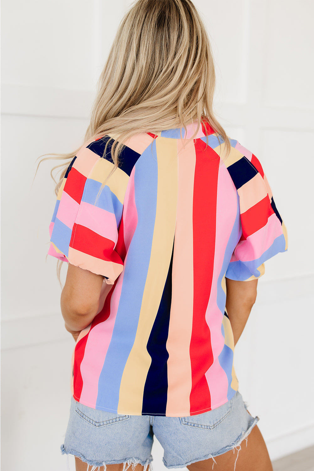 Multicolor Color Block Striped Puff Sleeve Buttoned Shirt