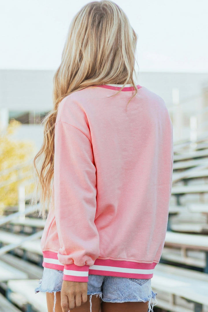 Pink Embroidered Tennis Club Crew Neck Pullover Sweatshirt