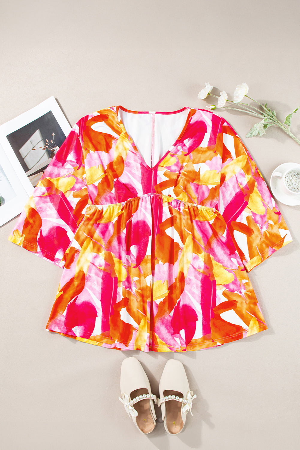 Orange Abstract Print 3/4 Sleeve V Neck Ruffled Babydoll Blouse