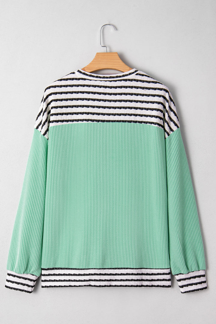 Sea Green Twisted Ribbed Contrast Round Neck Striped Patchwork Long Sleeve Top