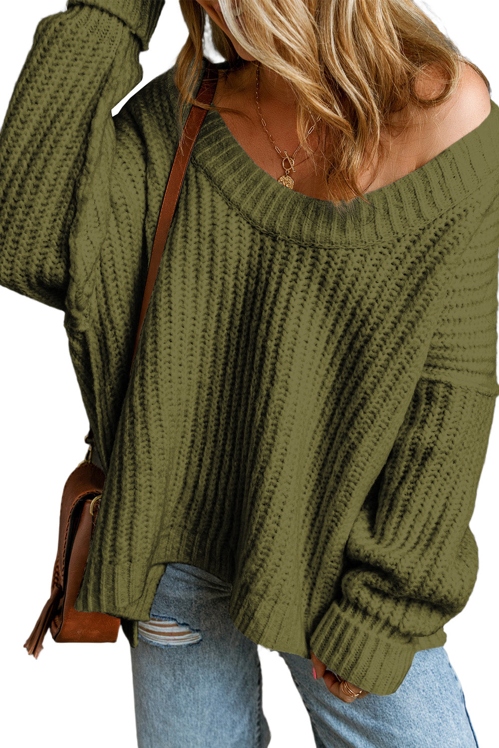 Jungle Green Ribbed Knit Round Neck Slouchy Chunky Sweater