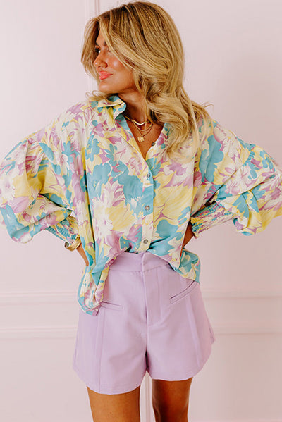 Yellow Floral Allover Print Shirred Cuff Oversized Shirt