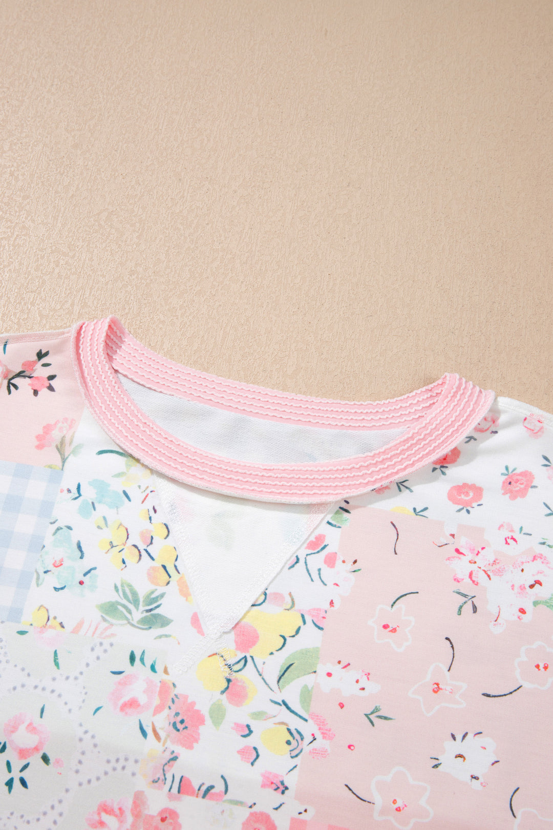 Pink Twisted Ribbed Trim Floral Print Patchwork Long Sleeve Top