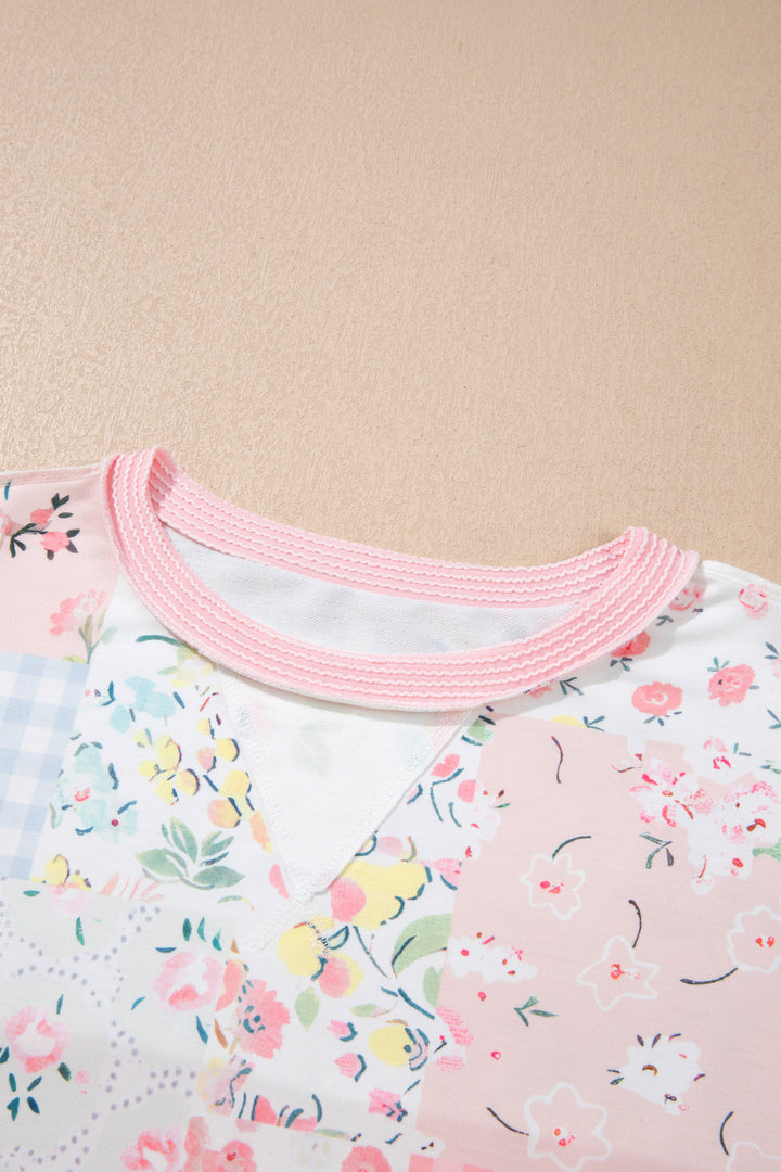 Pink Twisted Ribbed Trim Floral Print Patchwork Long Sleeve Top