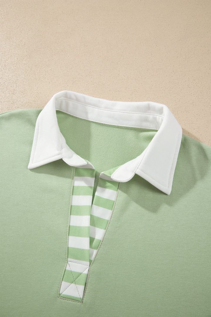 Smoke Green Striped Color Block Pullover Top Drawstring Shorts Set