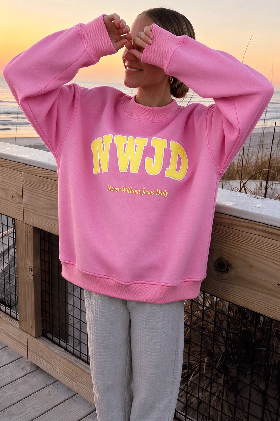 Pink WWJD Embroidered Trim Slogan Graphic Mock Pullover Sweatshirt