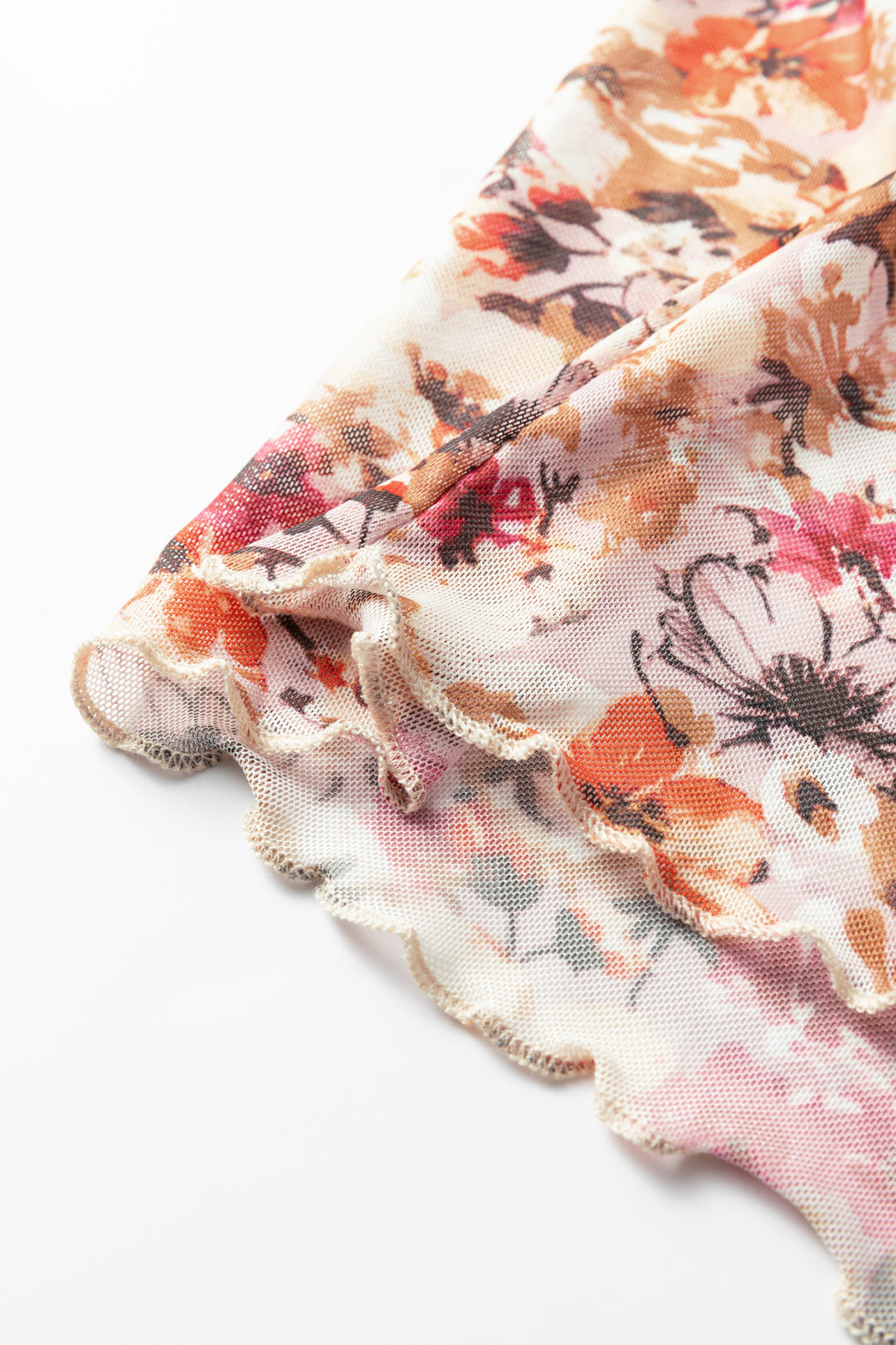 Red Lettuce Trim Floral Print Mesh Long Sleeve Top