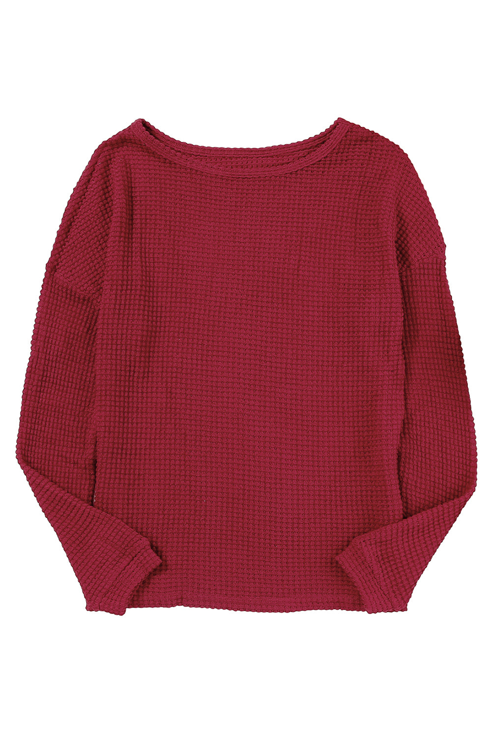 Fiery Red Waffle Knit Drop Shoulder Long Sleeve Top