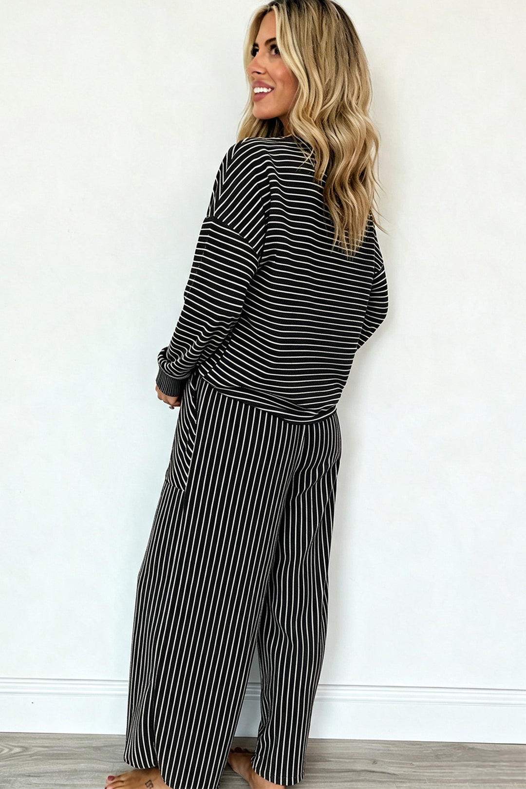 Black Stripe Drop Shoulder Relaxed Pullover Casual Pants 2pcs Set