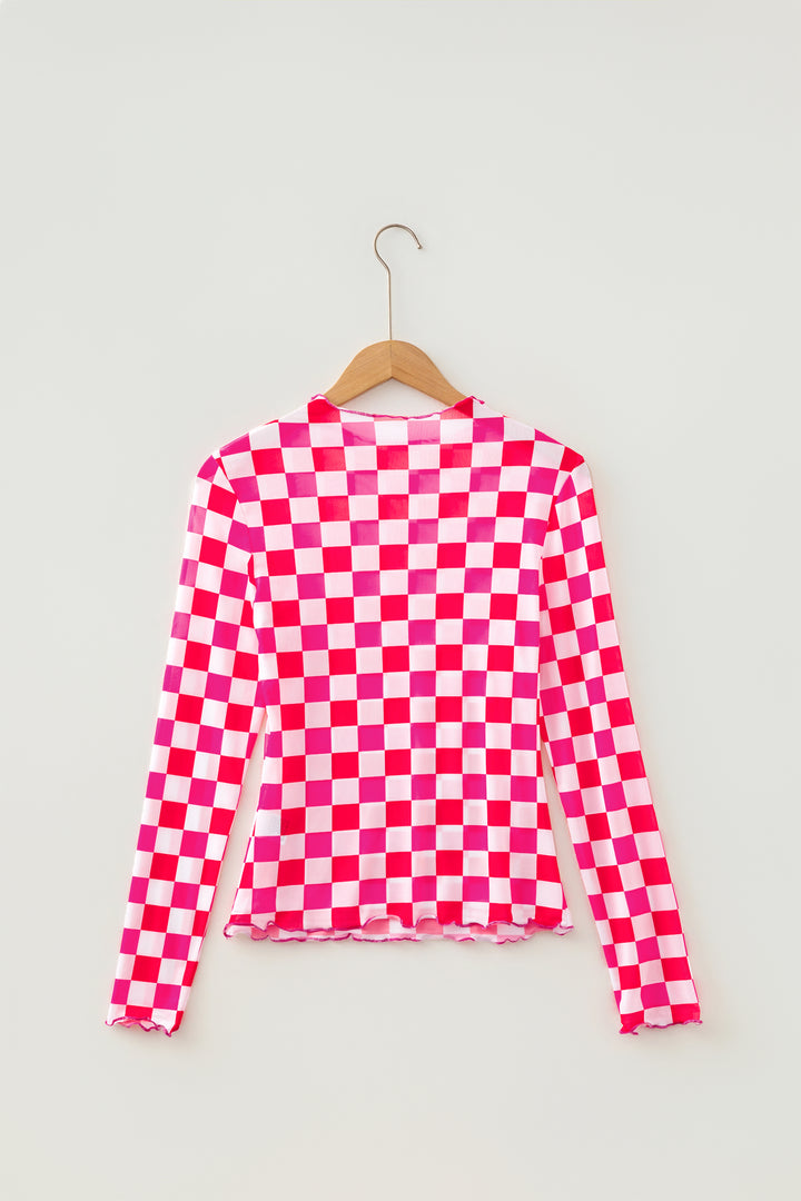 Black Plaid Heart Mesh Sheer Long Sleeve High Neck Blouse