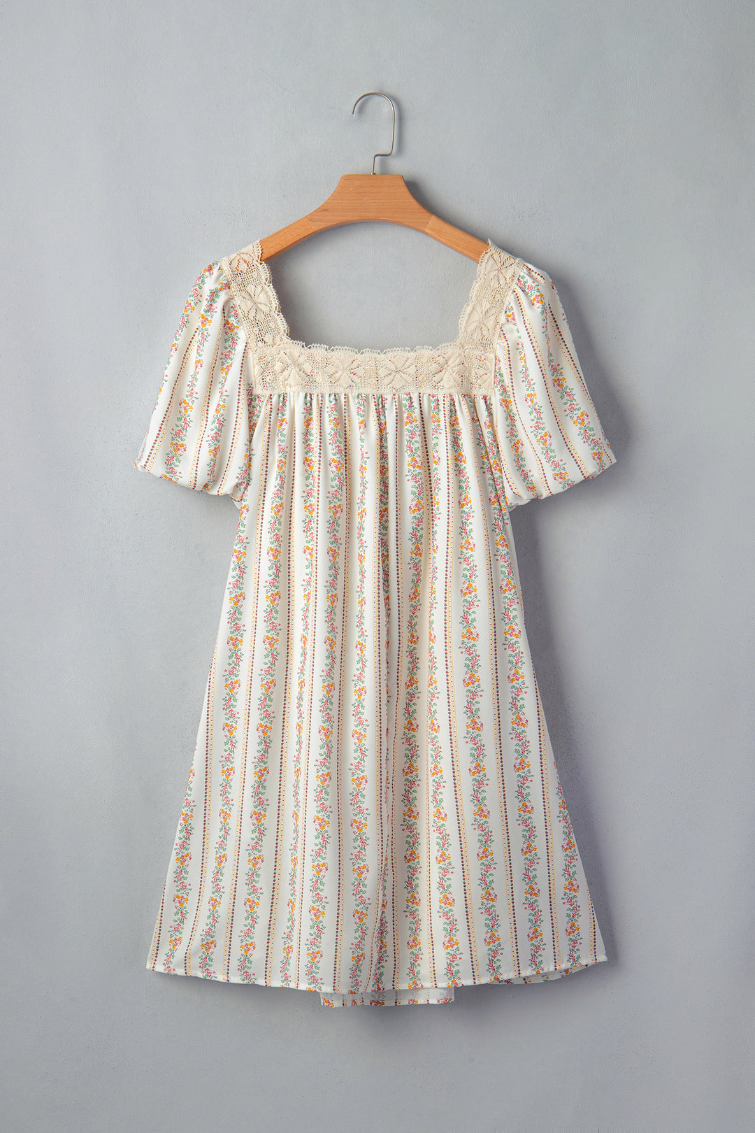 Multicolour Floral Print Contrast Ribbon Bow Lace Trim Square Neck Mini Dress