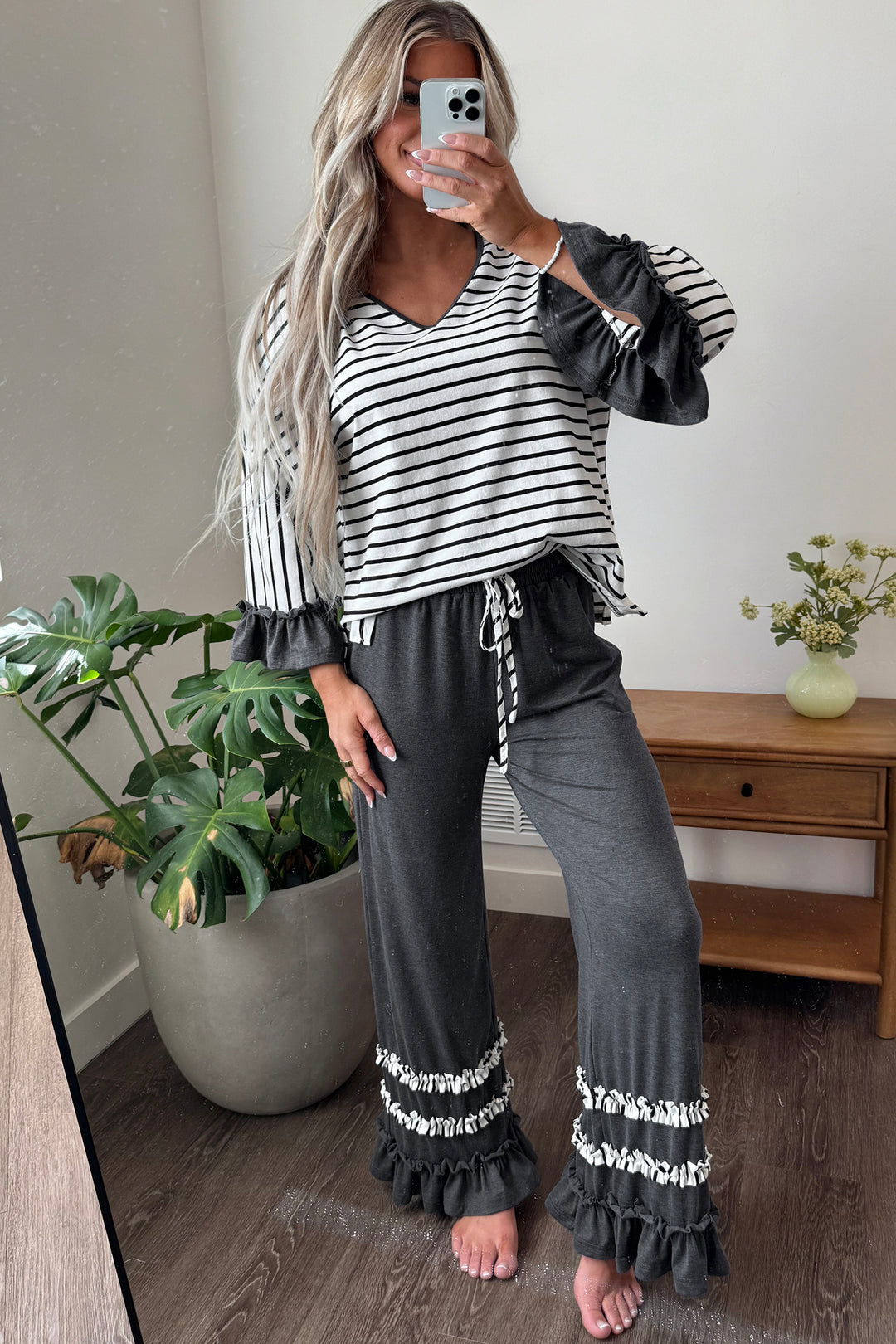 Gray Stripe V Neck Ruffle Contrast Sleeve Top Drawstring Pants 2pcs Set
