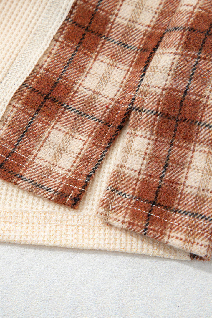 Beige Waffle Textured V Neck Plaid Colorblock Drop Shoulder Long Sleeve Top