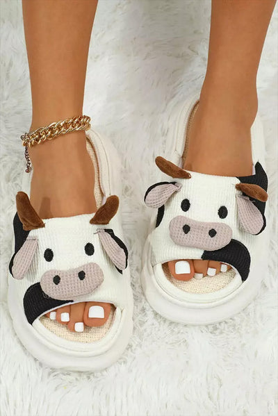 White Cute Cow Pattern Open Toe Slippers