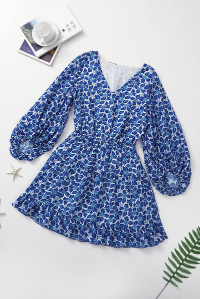 Blue Sky Blue/Blue/Apricot V Neck Lantern Sleeves Floral Tunic Dress