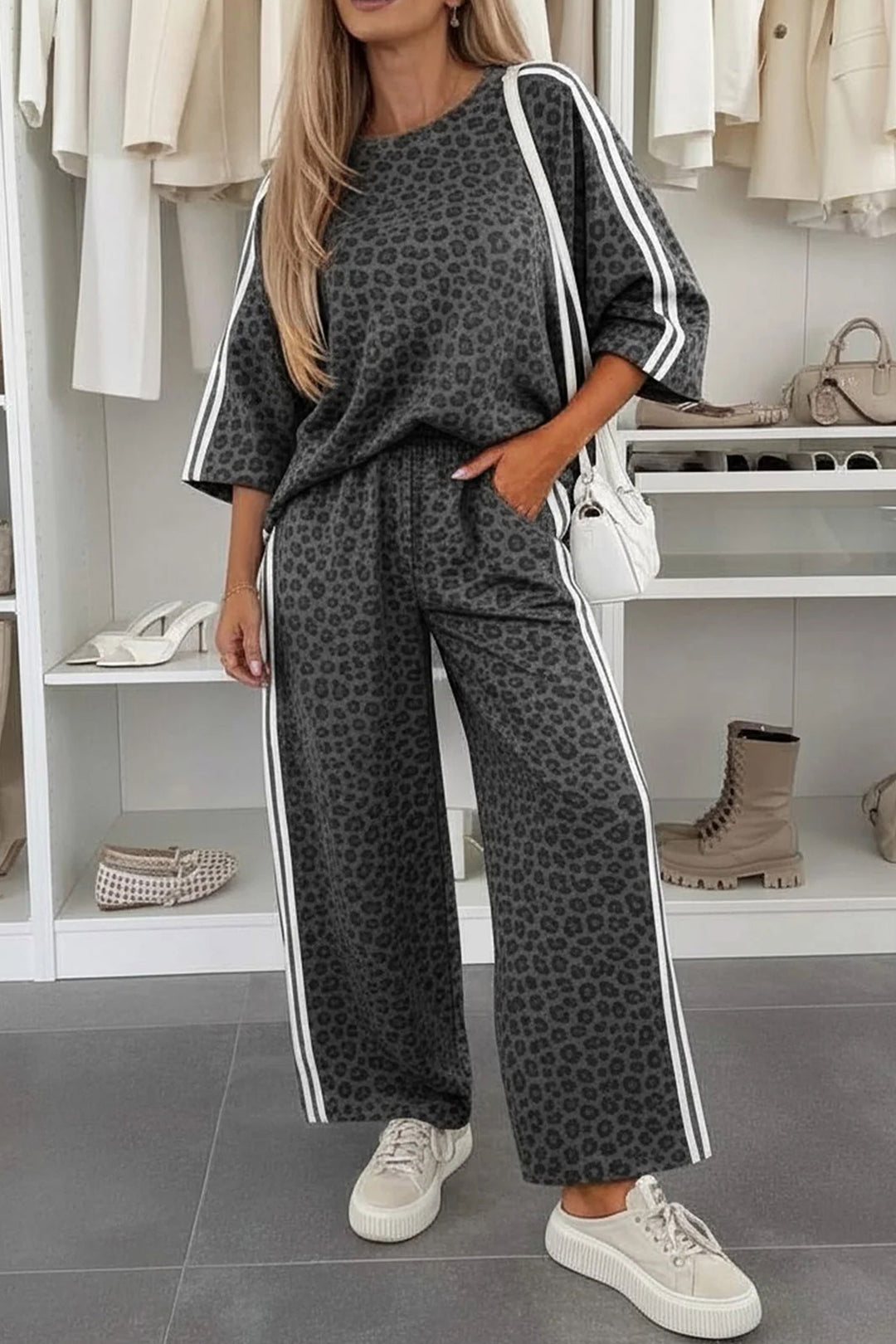 Gray Leopard Print Varsity Striped Detail 3/4 Sleeve Top Shift Pant Set