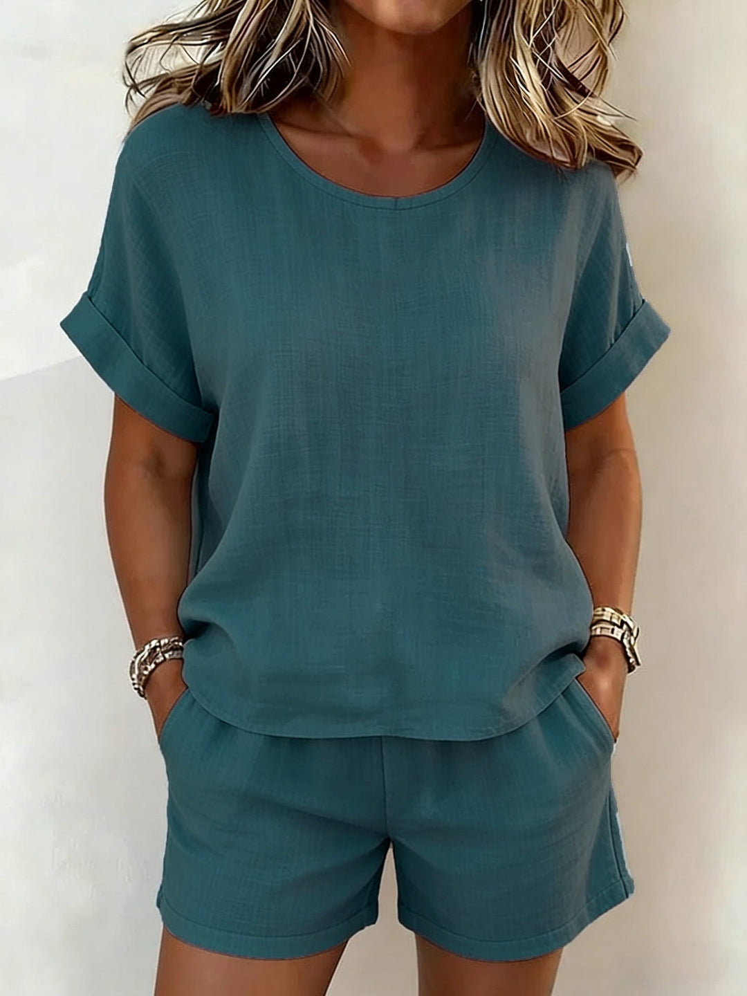 Solid-Color T-Shirt &amp; Shorts Set – Cotton Linen, 10 Colors