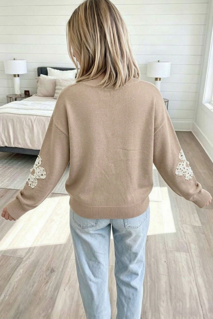 Smoke Gray Beaded Floral Patchwork Ribbed Trim Round Neck Sweater