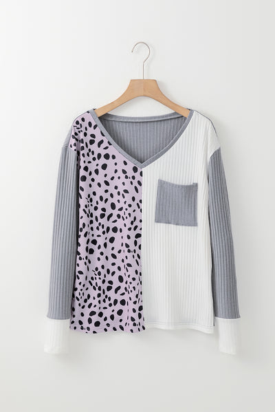 Leopard Patchwork Ribbed Color Block V Neck Top