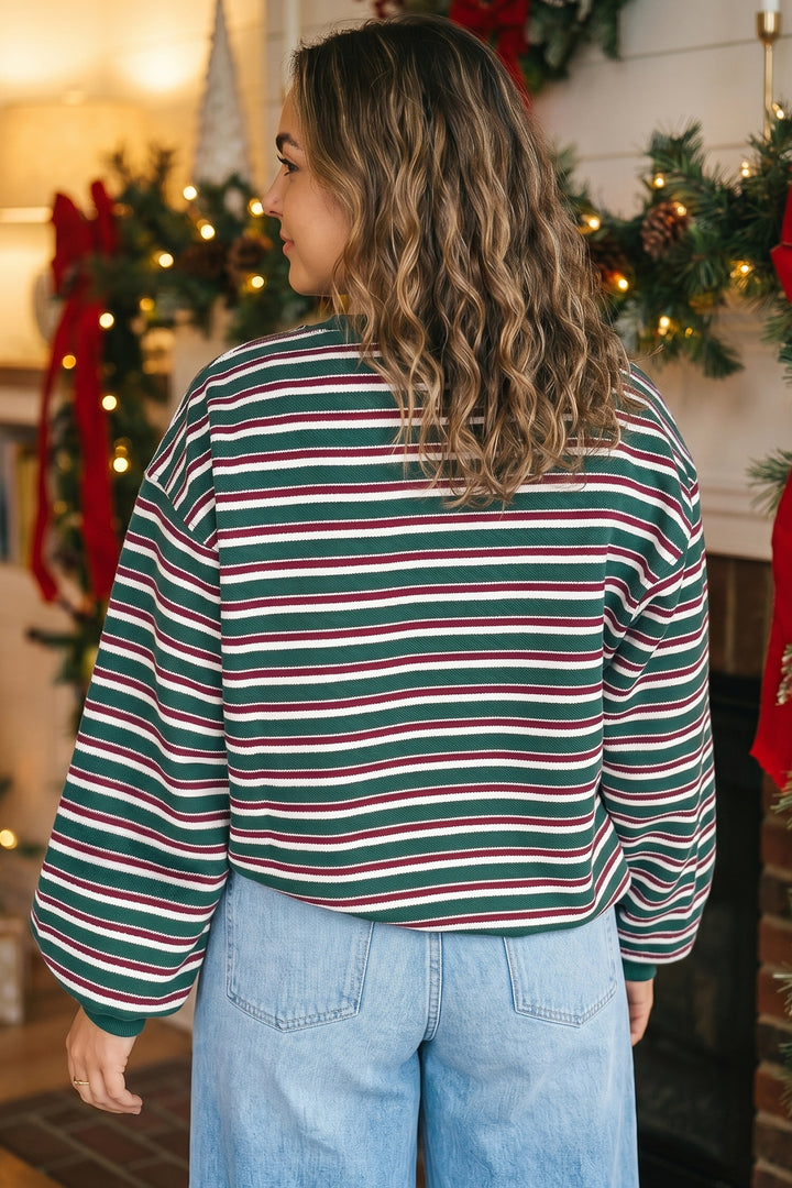 Green Stripe Striped Colorblock Round Neck Long Sleeve Shift Plus Size Sweatshirt