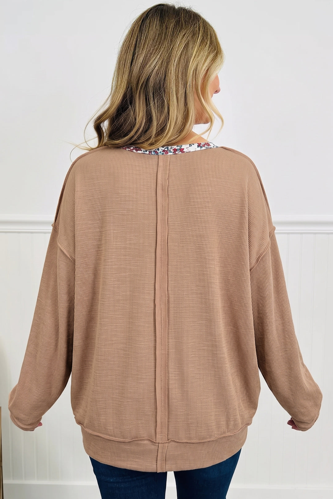 Light French Beige Floral Trim U Neck Long Sleeve Tunic Casual Pullover Top