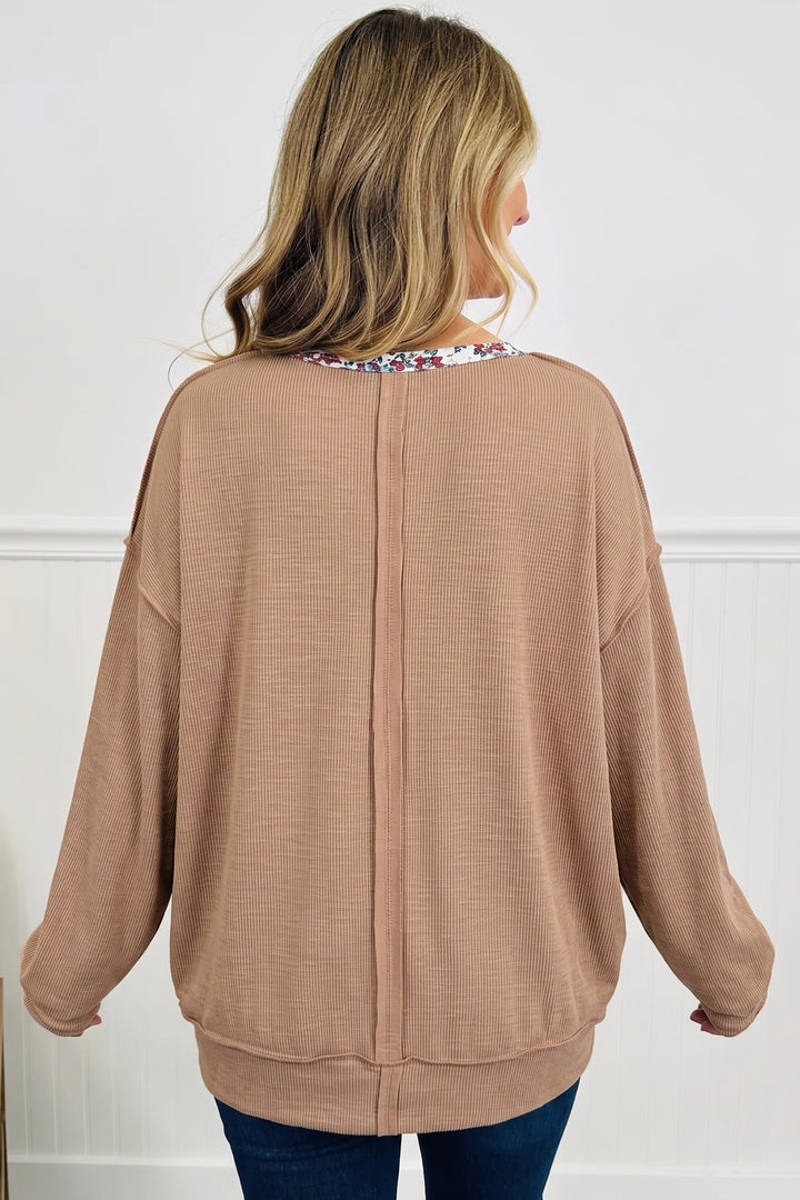 Light French Beige Floral Trim U Neck Long Sleeve Tunic Casual Pullover Top