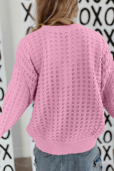 Pink Crochet Knit Drop Shoulder Sweater