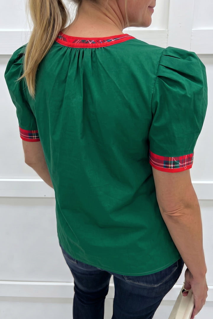 Evergreen Plaid Trim V Neck Short Sleeve Shift Blouse
